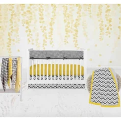 Bacati - Ikat Dots Giraffe Yellow Grey Muslin Neutral 8 Pc Crib Set With Crib Rail Guard