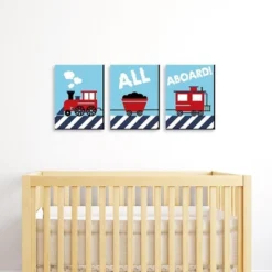 Big Dot Of Happiness Railroad Crossing - Steam Train Baby Boy Nursery Wall Art And Kids Room Decor - Gift Ideas - 7.5 X 10 Inches - Set Of 3 Prints