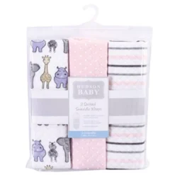 Hudson Baby Infant Girl Quilted Cotton Swaddle Wrap 3pk, Pink Safari, 0-3 Months