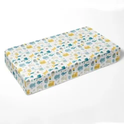 Bacati - Little Dino Boys Teal/Yellow Muslin 100 Percent Cotton Muslin Universal Baby US Standard Crib Or Toddler Bed Fitted Sheet